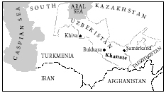 Map showing the location of Bukhara, Uzbekistan