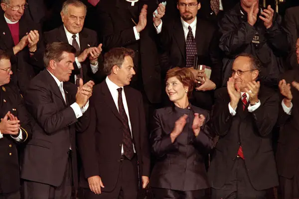 British Prime Minister Tony Blair (center, left) Mrs. Laura Bush attends a joint session of Congress in which President Bush praised the efforts of New York Mayor Rudolph Giuliani (far right) and named Pennsylvania Governor Tom Ridge (far left) to a newly created cabinet-level position in which he will oversee the homeland defense initiatives. White House photo by Paul Morse.