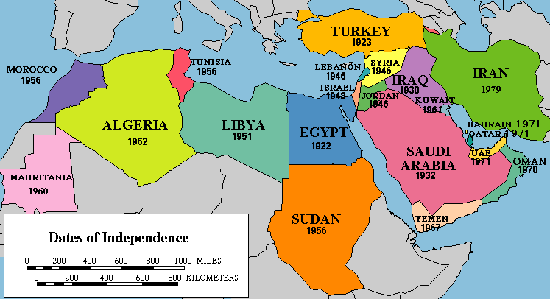 Map Of Middle East Nations By Dates Of Independence