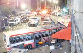 Two Israeli civilians were killed when a powerful car bomb exploded next to this bus in the Northern Israeli town of Hadera on 22 November. The attack also injured more than 30 others.