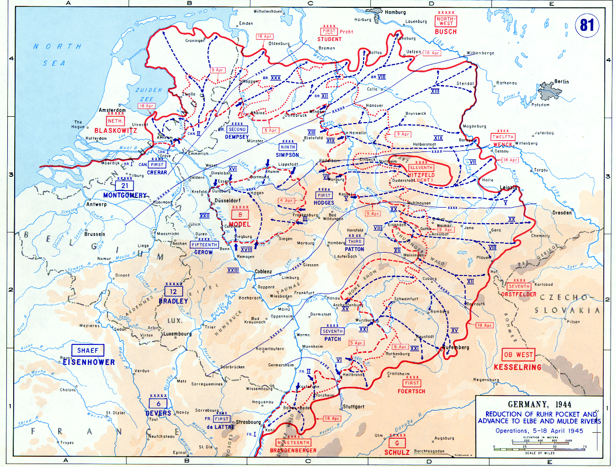 Map of Allied Advance to the Elbe and Mulde Rivers (April 1945)