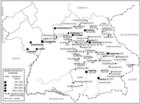 Map of Bavaria showing Jewish population centers from the tenth century to 1932-33.