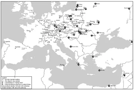 Map showing sites and periods of blood libels.