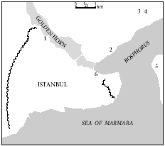 Figure 1. Jewish quarters in Istanbul in the 17th century. 1. Areas designated for Jewish settlement by Sultan Muhammad II in 1453. 2. The Jews Bath is believed to have been in this neighborhood. 3. Area with a majority of Jewish inhabitants.