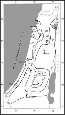 Map 2. Interannual variability of rainfall amount, as a percentage of the average for the period 192122195051.